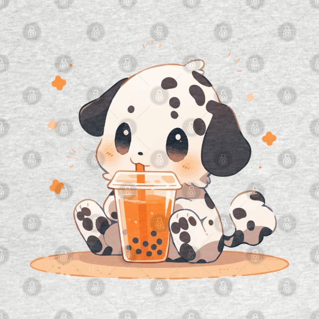 A long-haired dalmatian puppy drinking bubble tea by etherElric